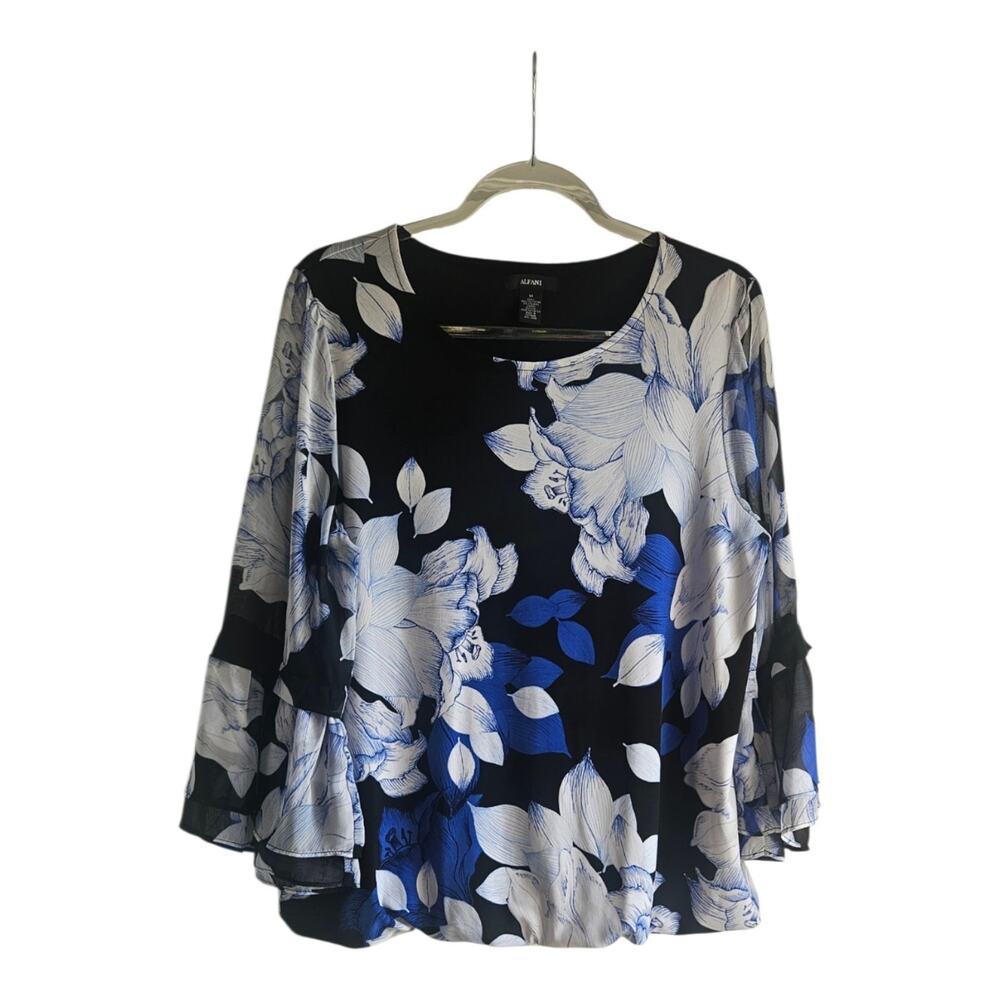 Alfani Womens M Blouse Floral Bubble Hem 3/4 Bell Sleeves Scoop Neck Stretch